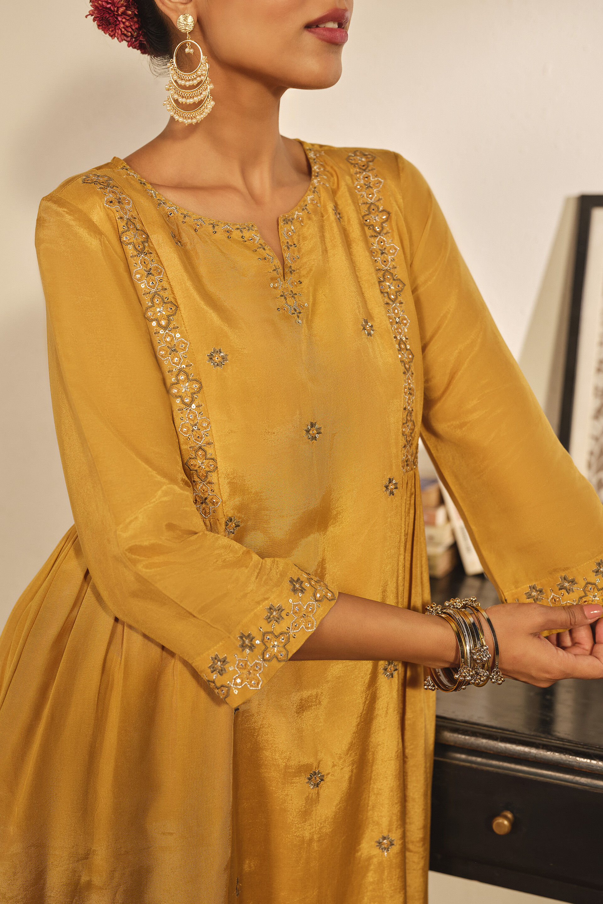 Embroidered A-line Kurta in Yellow, Yellow, image 2